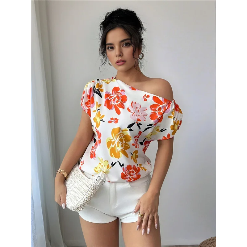 

AG-Women's Off The Shoulder Short Sleeve Tops Ruched Floral Print Summer Blouse