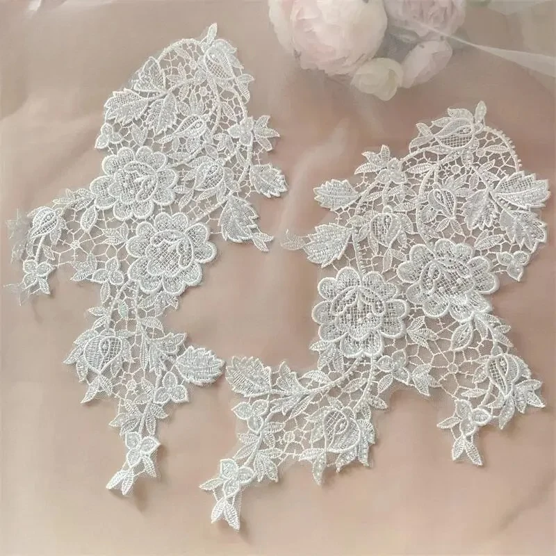

2PCS/10PCS. White Beaded Lace Mirror Flowers.Flower Leaves Embroidery Wedding Dress Headdress.DIY Sewing Supplies Patch