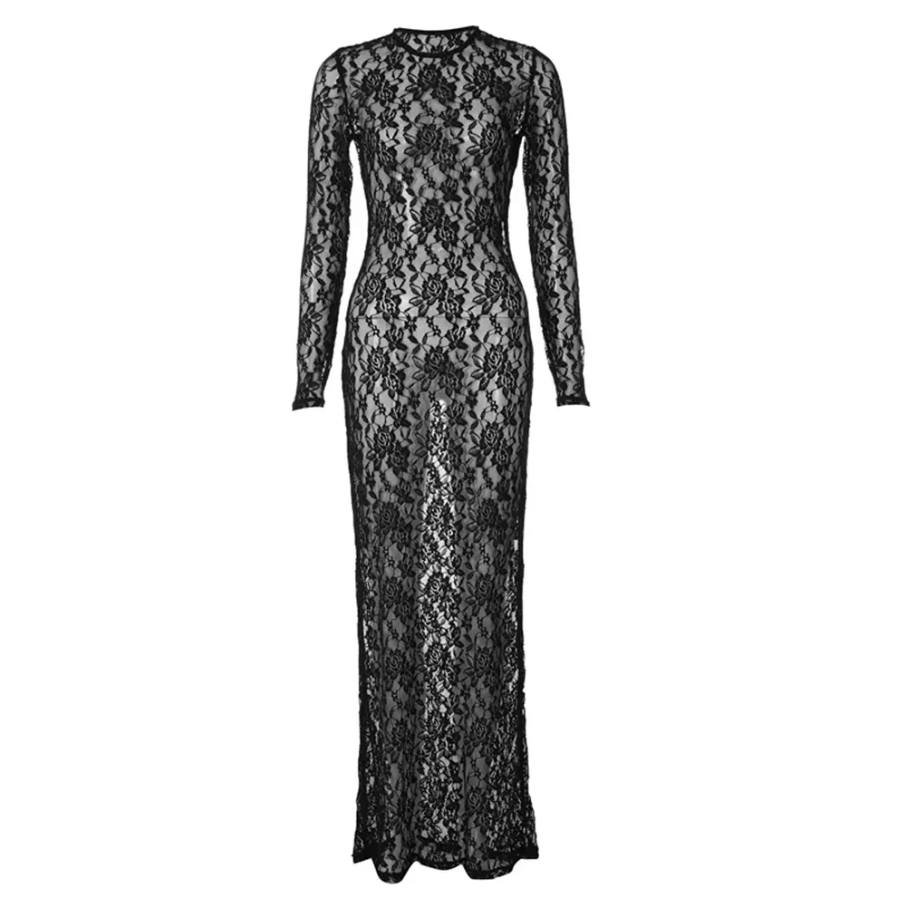 2024 Hot Sale 1*DressWomen Print Lace Long Sleeve Sexy Bodycon See Through Maxi Dress Party Y2K Lady