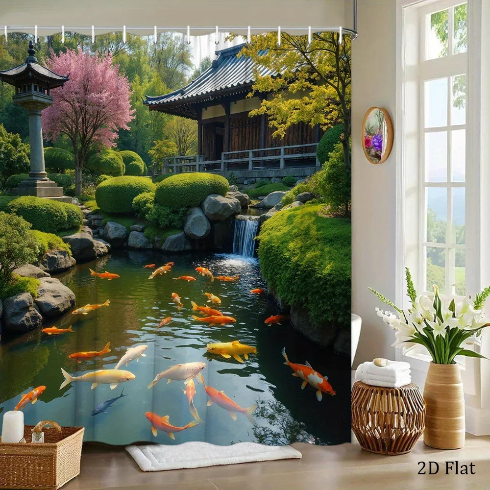 Nature Landscape Shower Curtain Waterproof Fabric Japanese Courtyard Koi Fish Pond Waterfall Print Bath Screen Divider Home