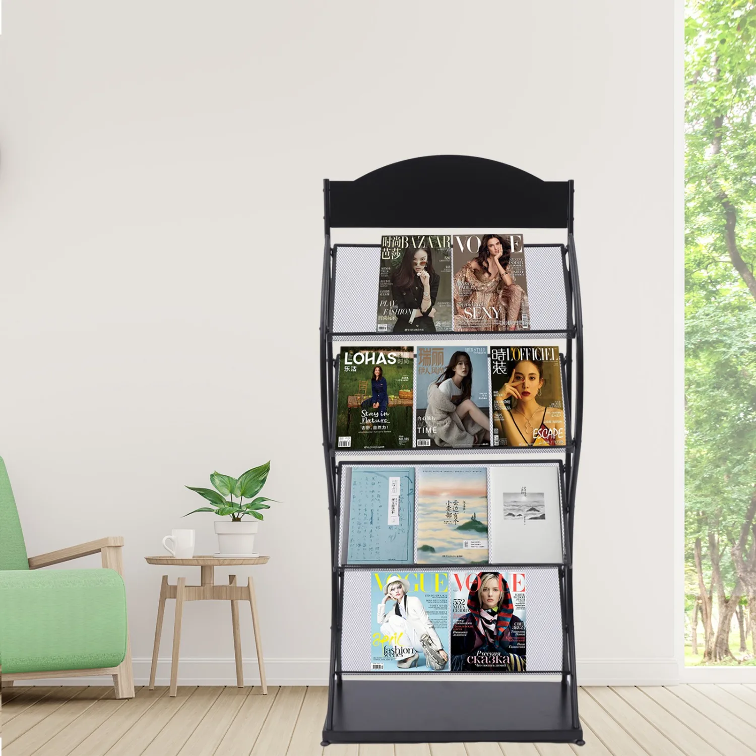 4 Tier Portable Black Metal Magazine Rack Stand, Floor-Standing Newspaper Storage Rack, Literature Holder Bookshelf