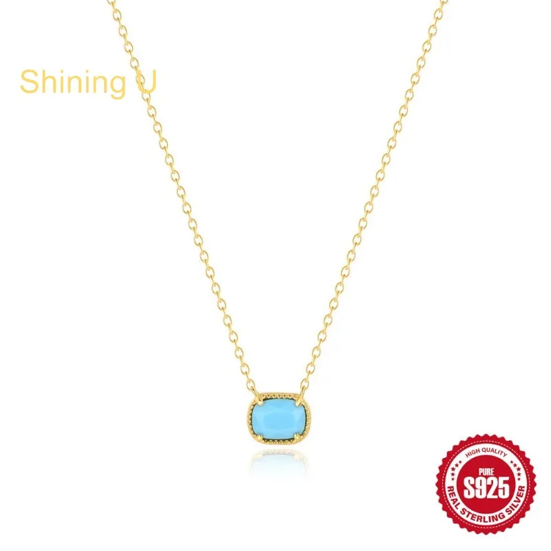 Shining U 925 Sterling Silver Rectangle Turquoise Necklace for Women Fine Jewelry Summer