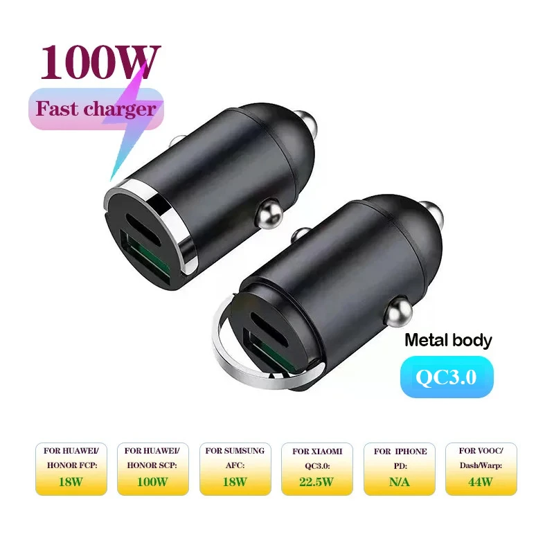 

100W 5A 2 Ports Alloy material Invisible Mini Car Charger Fast Charging QC30 Car Cigarette Lighter Flash Charge for phones