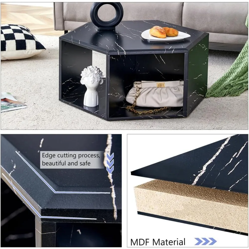 Meja Kopi Marmer Imitasi Modern dengan Penyimpanan, Furnitur Ruang Tamu Hitam Berbentuk Heksagonal, Kompartemen Buku, Meja Aksen Dekoratif