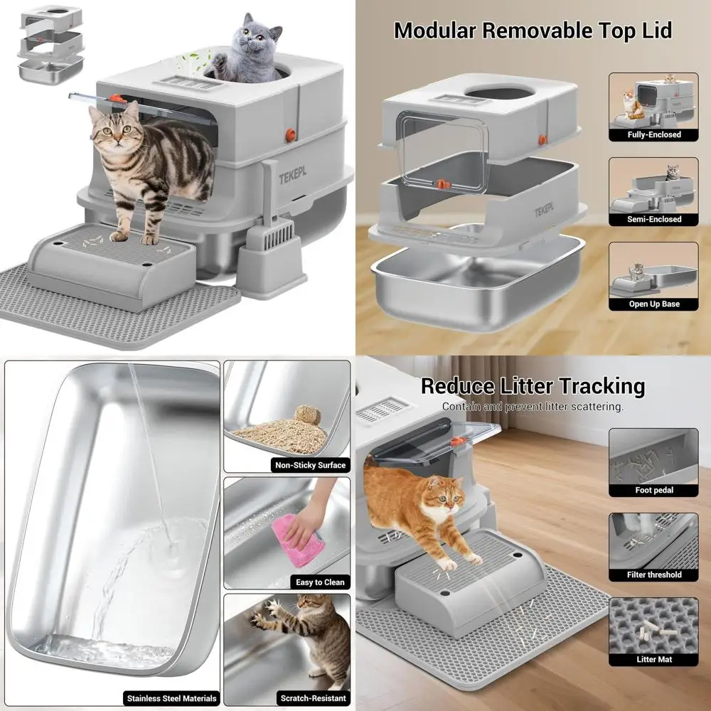

Серый закрытый металлический лоток для кошек с крышкой, очень большой размер, высокие бортики, легко чистится, верхний вход, защита от протекания