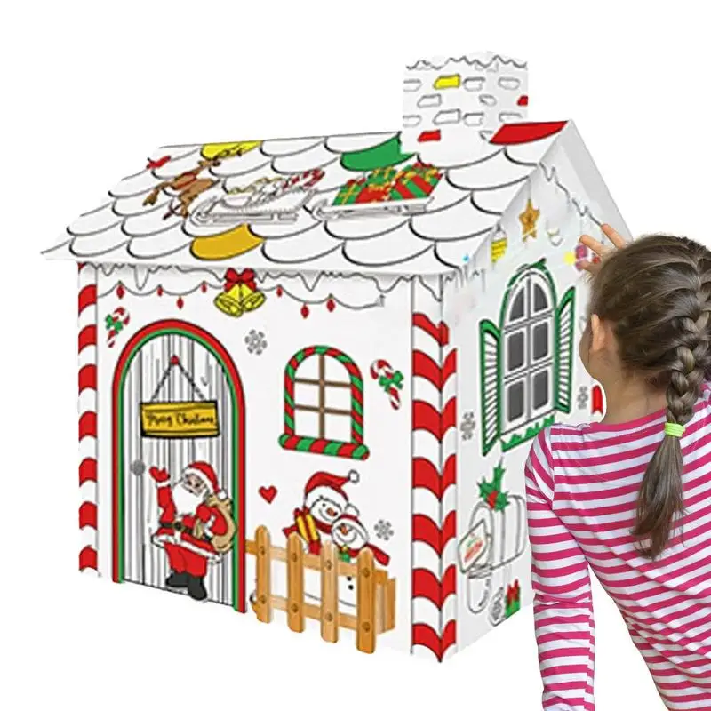 3D Christmas Cardboard Craft House Coloring House Decoration Kids Cardboard Coloring House Painting Enlightenment Toys For Kids