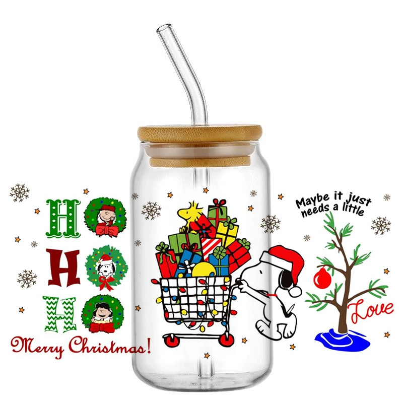 

Minoso Santa Cartoon Dog Wrap 3D Christmas UV DTF Decal For 16oz Libbey Glass Can Cup uvdtf Coffee Car Sticker Wholesale