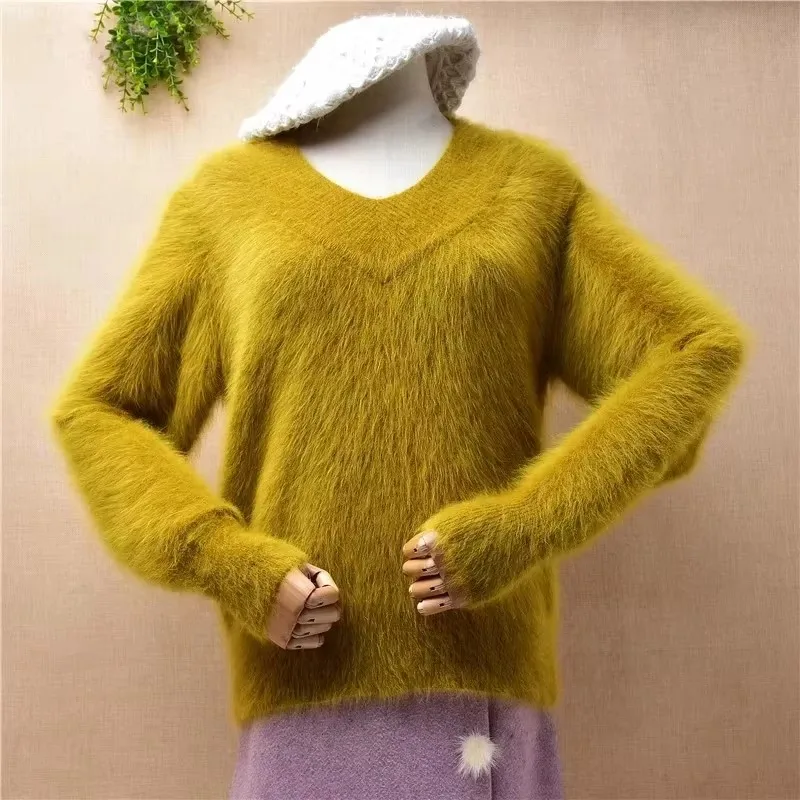 Senhoras mulheres outono inverno roupas vermelho angora coelho cabelo de malha com decote em v três quartos mangas soltas pulôver camisola pull