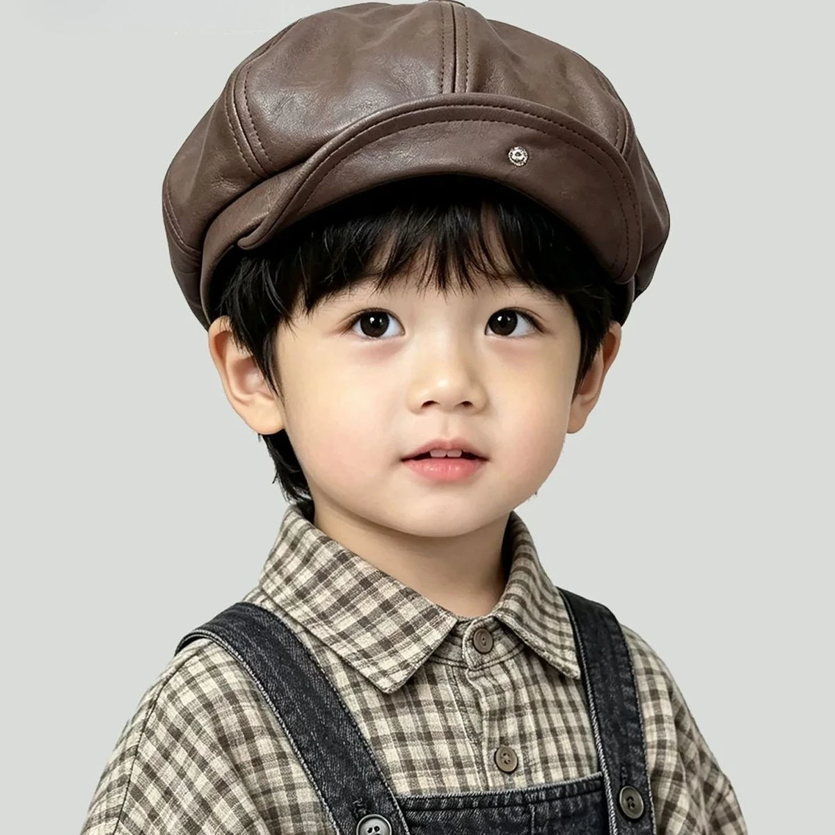 Kinder PU-Leder Baskenmütze im Retro-Wasteland-Stil, achteckige Newsboy-Mütze mit Schnallenkrempe, Straßenmütze für Jungen und Mädchen für alle Jahreszeiten – Detail 5