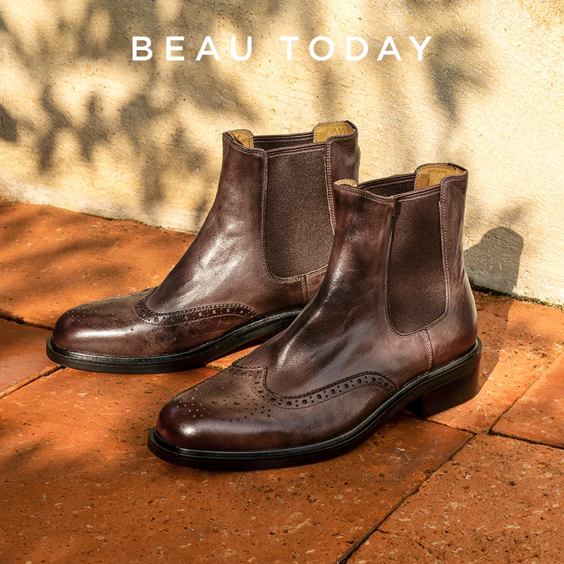 

Ботинки «Челси» BEAUTODAY, женские ботильоны из коровьей кожи с острым воском, броги с узором на резинке, женские ботильоны ручной работы 03751