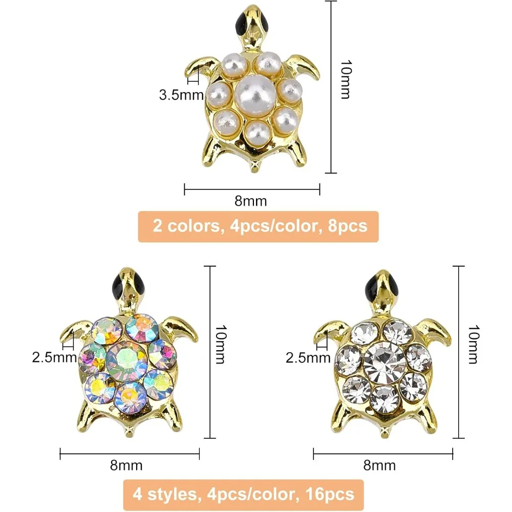 24pcs 6 Styles Turtle Resin Fillers with Rhinestone Pearl Alloy Cabochons Nail Art Decoration Accessories Resin Accessories