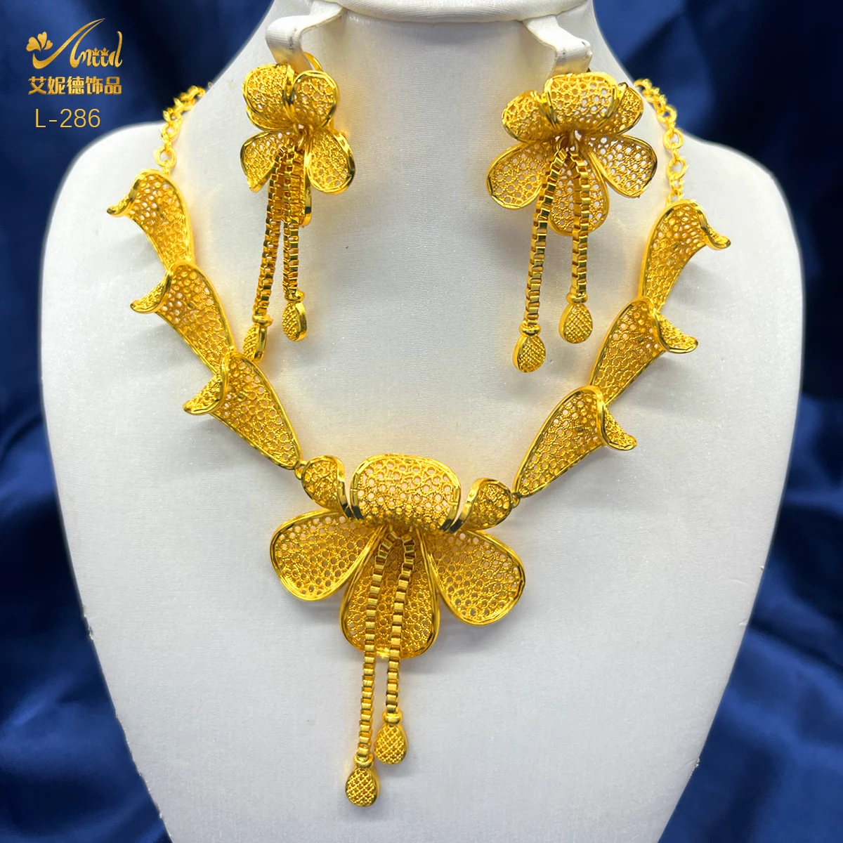 

Dubai Indian African Flower Necklace Earrings Jewelry Set For Women 24K Gold Plated Nigeria Bridal Wedding Party Gift Jewellery