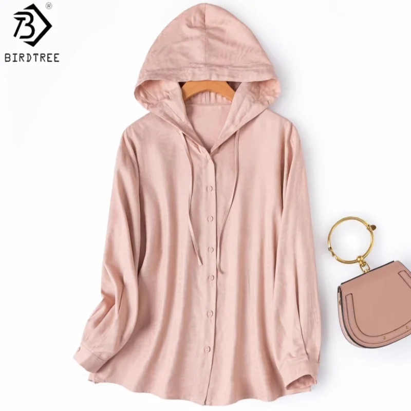 

Birdtree, 100% Real Silk Jacquard Blouse, Spun Silk Loose Tops, Women's Hooded Full Sleeve Pink Shirt, 2026 Spring New T62005JF