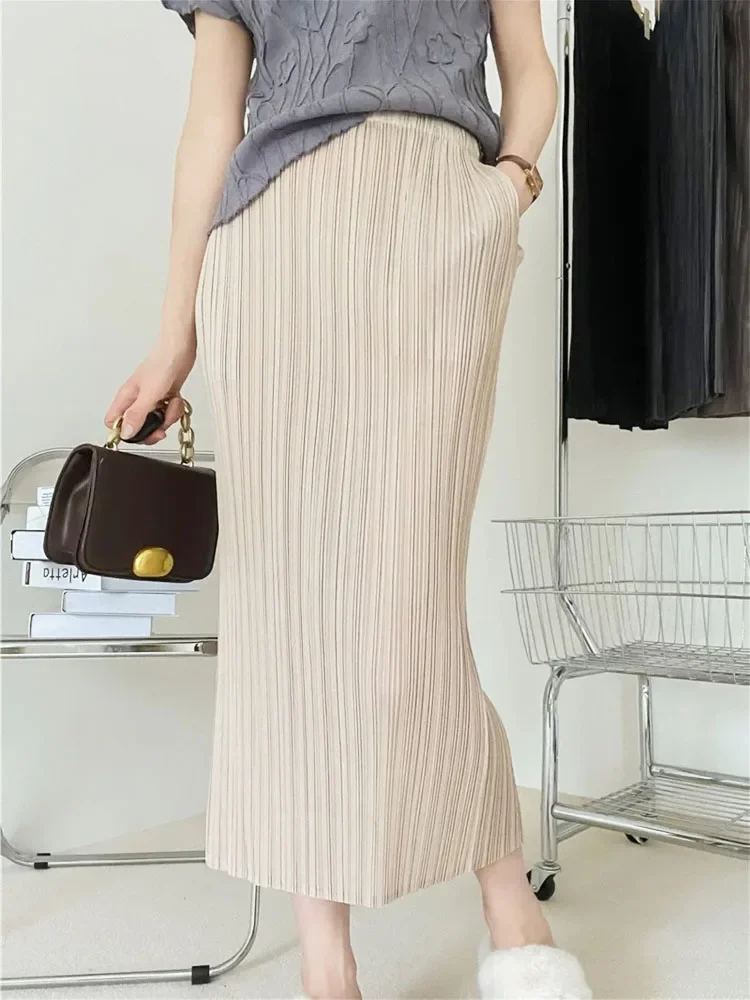 

Pleated Half Skirt Women's Pressed Pleated Skirt 2024 Summer Skirt Solid Color After Open Mid-length Solid Color