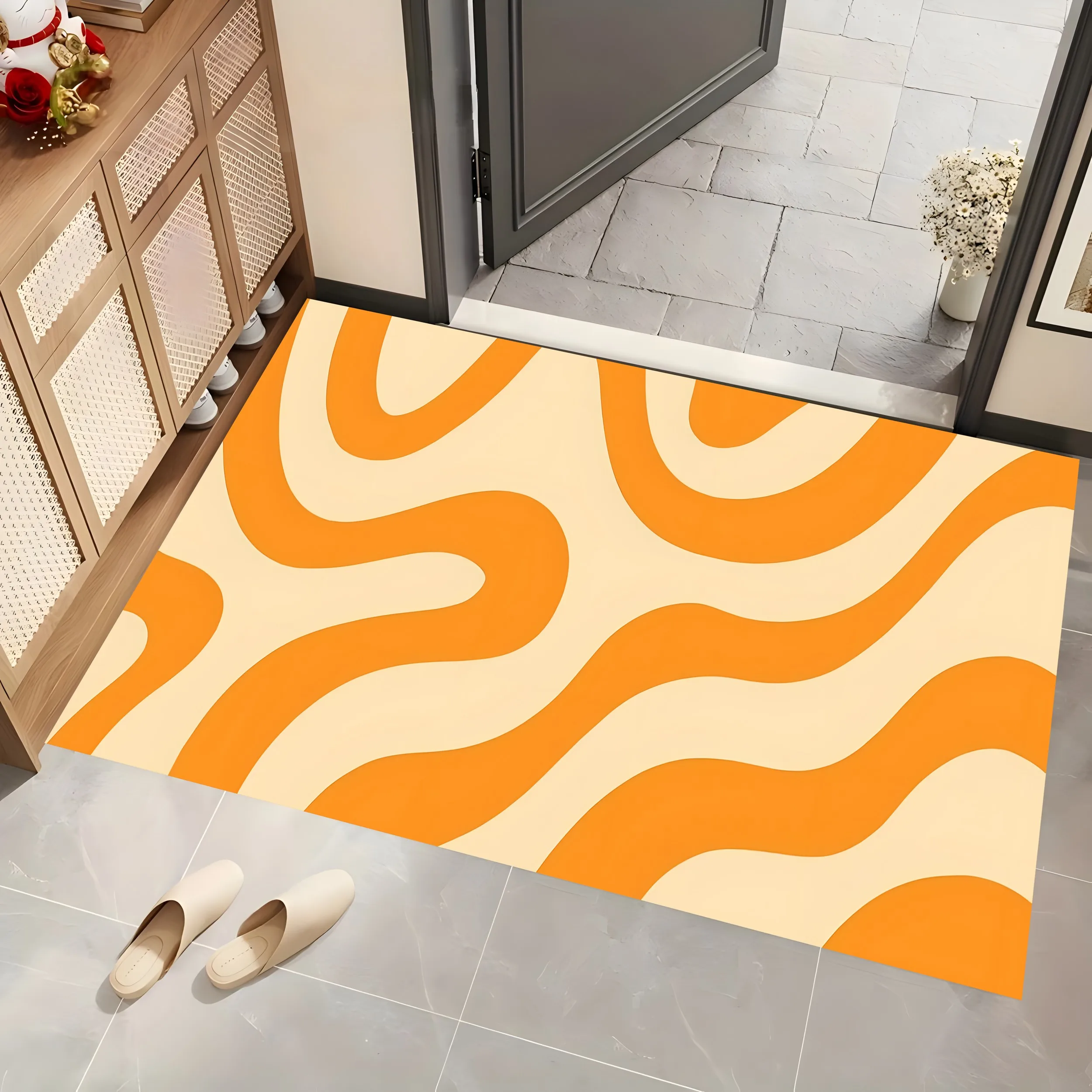 Large Area Rug in Warm Orange with Creamy Wave Pattern, Minimalist Stylish Style, for Living Room Bedroom