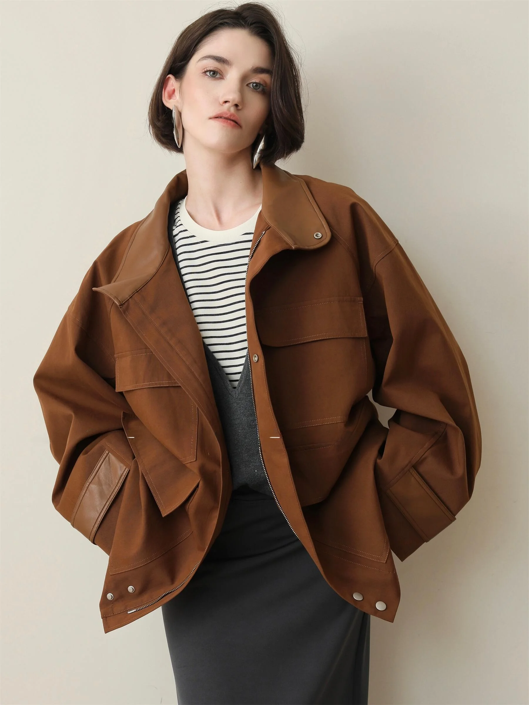 

3HLADY Women's Stand Collar Zipper Jacket Rigid Elegant Workwear Style Containing Lyocell Fiber Autumn Season Ladies Coat