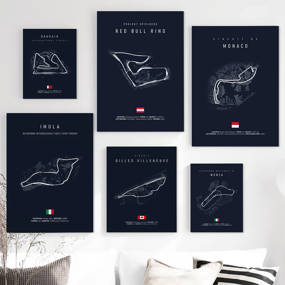 Framed Formula 1 Imola Monaco Track Circuit Canvas Painting F1 Art Nordic Posters and Prints Wall Pictures for Living Room Decor