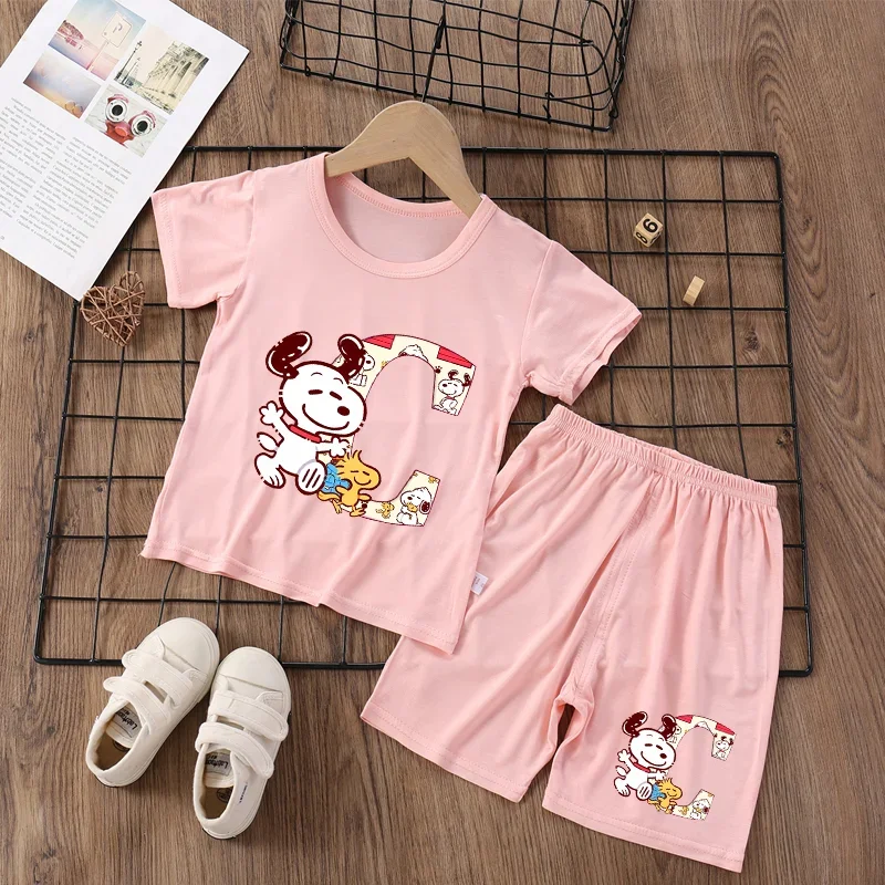 

2Pcs Snoopy Summer Short-sleeved Children Baby Thin Pajamas Suit Bros Clothes Pants Girls T Shirt HomeBaby Air Conditioning Gift