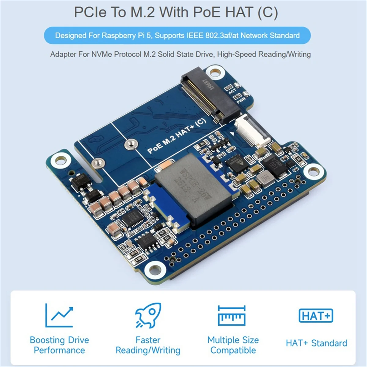 

Адаптер POE M.2 HAT+ с функцией PoE для 5, поддерживает твердотельный накопитель NVMe Protocol M.2, высокоскоростное считывание
