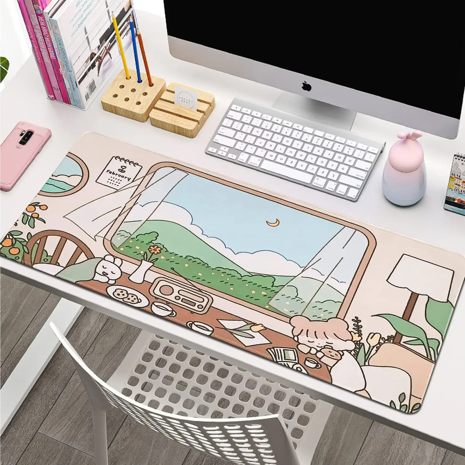 لوحة ماوس لطيفة ممتدة كبيرة باللون البيج الباستيل لتزيين مكتب المكتب للنساء والفتيات مقاس 31.5 × 11.8 بوصة للكمبيوتر المحمول