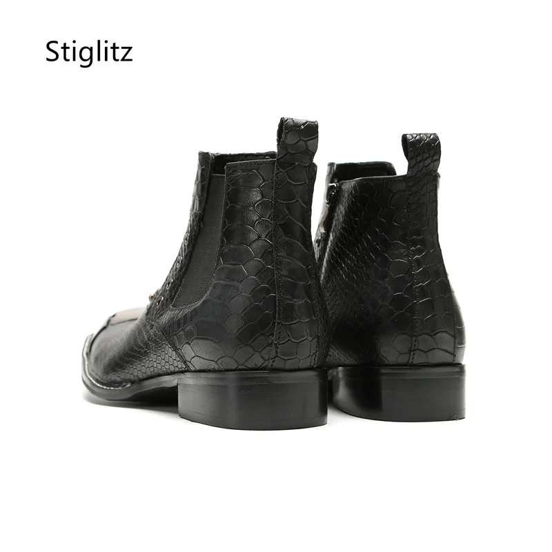 Square Toe Genuine Leather Men's Boots Metal Head Side Zipper Buckle Black Ankle Boots Wedding Office Shoes Wear-Resistant