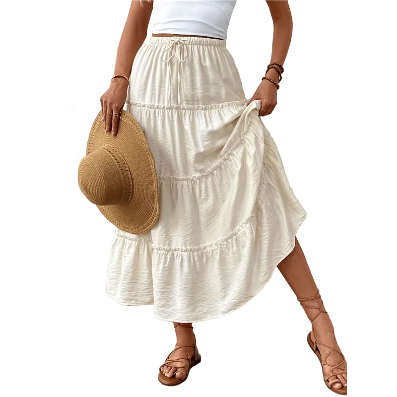 

CYL-Women's Summer Casual Elegant Smock Layered Tiered High Waisted A Line Flowy Long Skirts With Pockets