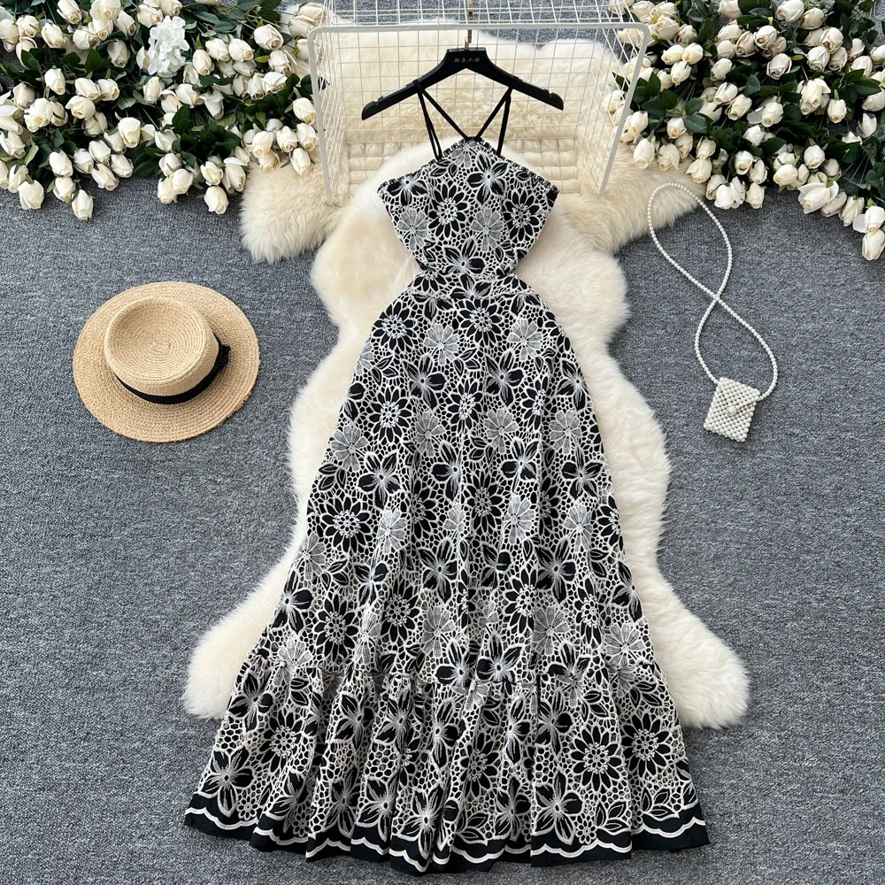 Elegant Embroidered Hook Flower Hollow Out Vintage Halter Chic Lace Slim Straps Dress Women Fashion Evening High Street Clothing