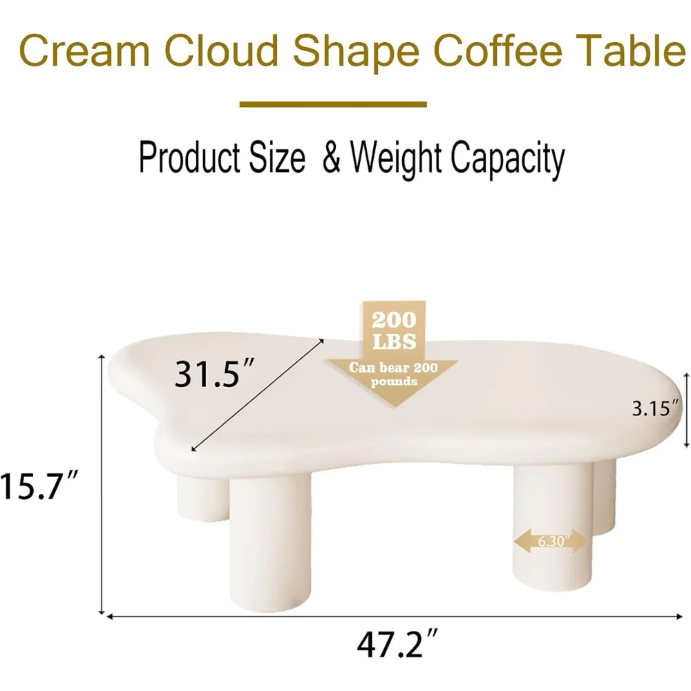 47 Inch Cloud Coffee Table, Cute White Coffee Table with 4 Solid Legs, Cream Coffee Table for Office and Apartment