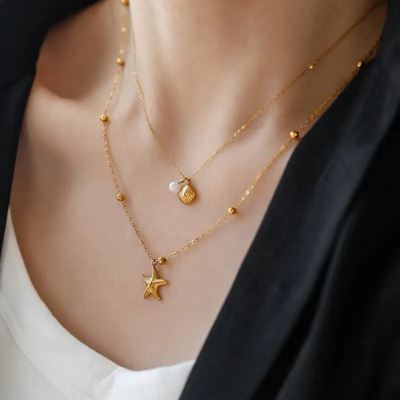 Necklace Ocean Shell Starfish Pearl Titanium Steel Double Layer Women Western Elegant Lightweight Colorfast Choker Party Gift