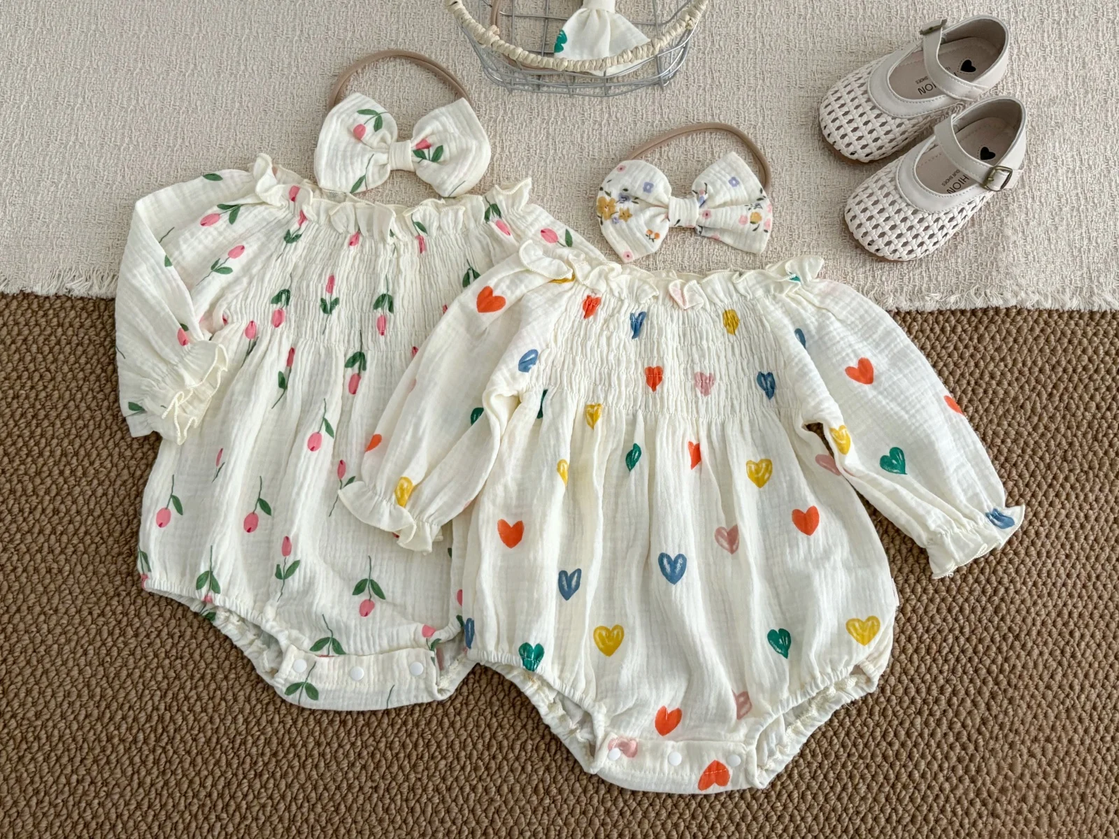 3-24M Sweet Style Baby Bodysuit Heart Floral Print Puff Sleeve One Piece Clothes For Toddler Girls Soft Infant Romper