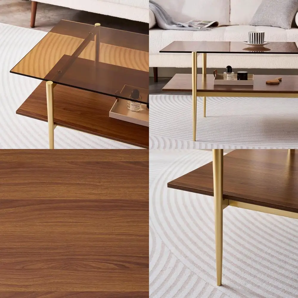 

Журнальный столик в стиле середины века, двухуровневый, с полками из янтарного стекла и орехового дерева, металлические ножки с золотистой отделкой