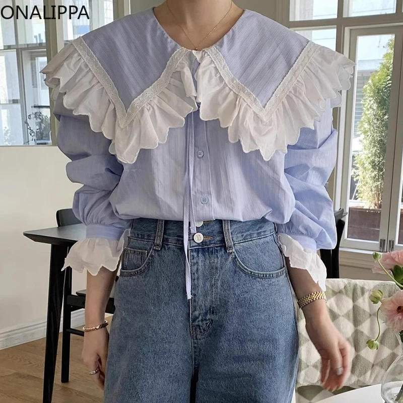 Onalippa Lace Wood Ear Hem Peter Pan Collar Blouse Women Sweet Versatile Casual Shirts Korean Flare Long Sleeves Striped Shirt