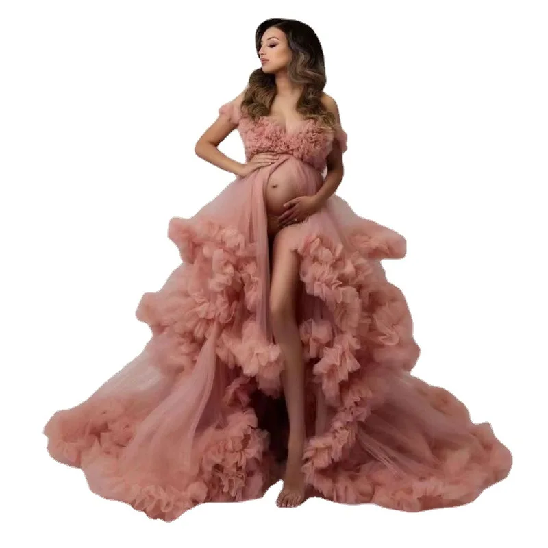 

Tulle Maternity Dress for Photoshoot Puffy Ruffles Baby Shower Dress Pregnancy Gowns Sheer Bridal Lingerie Bathgown