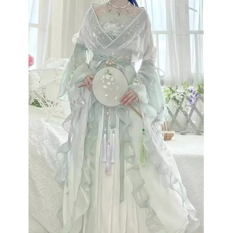 Весенне-летняя новая коллекция с вышивкой Hanfu от Wei Jin, южные и северные династии, большие рукава, талия Ruqi Весенне-летняя новая коллекция с вышивкой Hanfu от Wei Jin, южные и северные династии, большие рукава, талия Ruqi