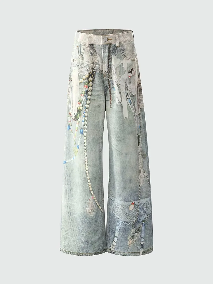 Heavyweight Print Wide Leg Pants Women's Loose Drapey Fashionable Floor-Length Denim Jeans Lace Pearl Chain Tie-Dye