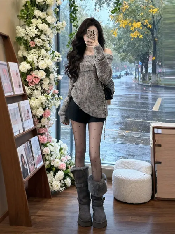 

Ретро-стиль, свободный крой, красивый свитер на одно плечо, модный длинный топ, зимняя женская вязаная одежда