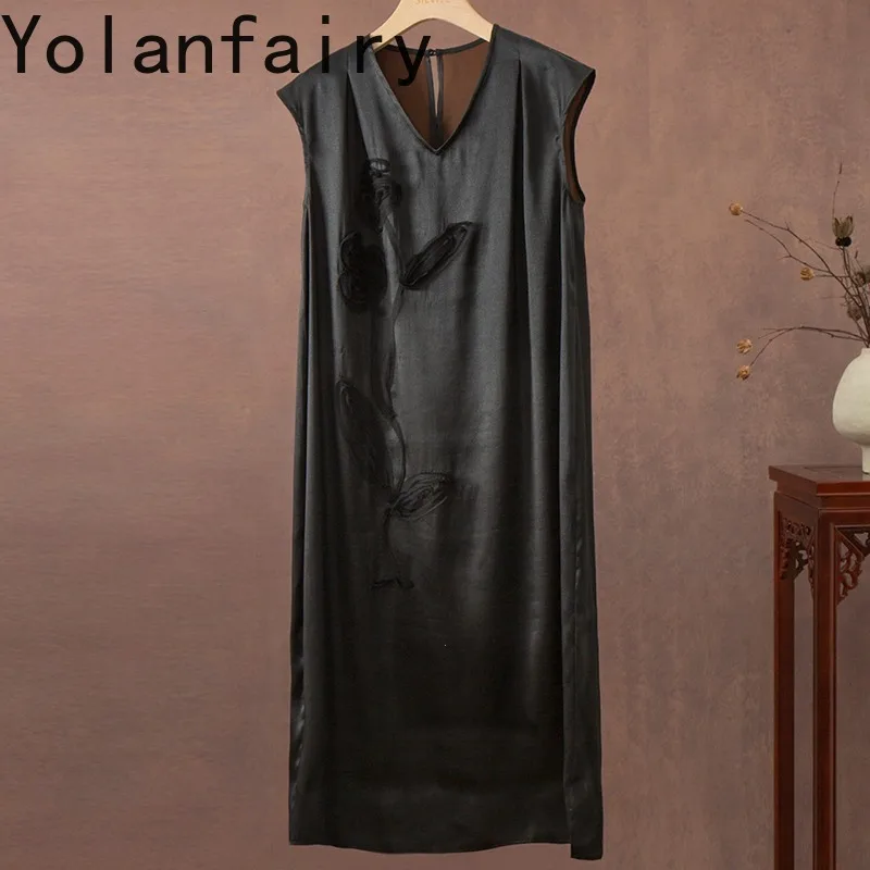 YOLANFAIRY Women 100% Mulberry Gambiered Silk Liangchou Dress 3D Cut Jacquard V Neck Loose Straight Sleeveless Silk Slip Dresses