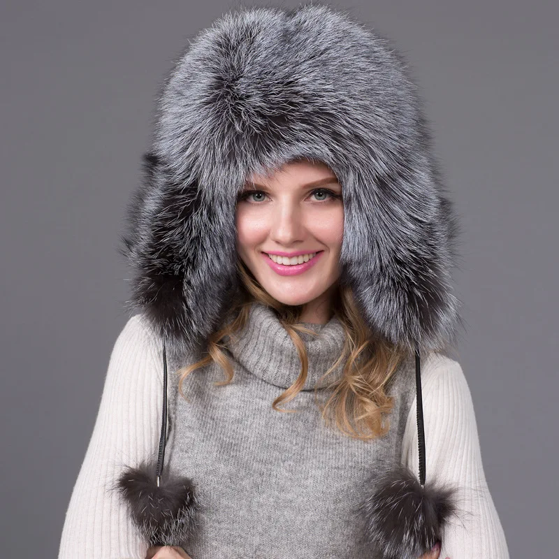 

High Quality Sheepskin Top Warm Winter Wind Snow Hat with Cotton Real Fox Fur Grass Bomber Hat Women's Ear Protection Hat