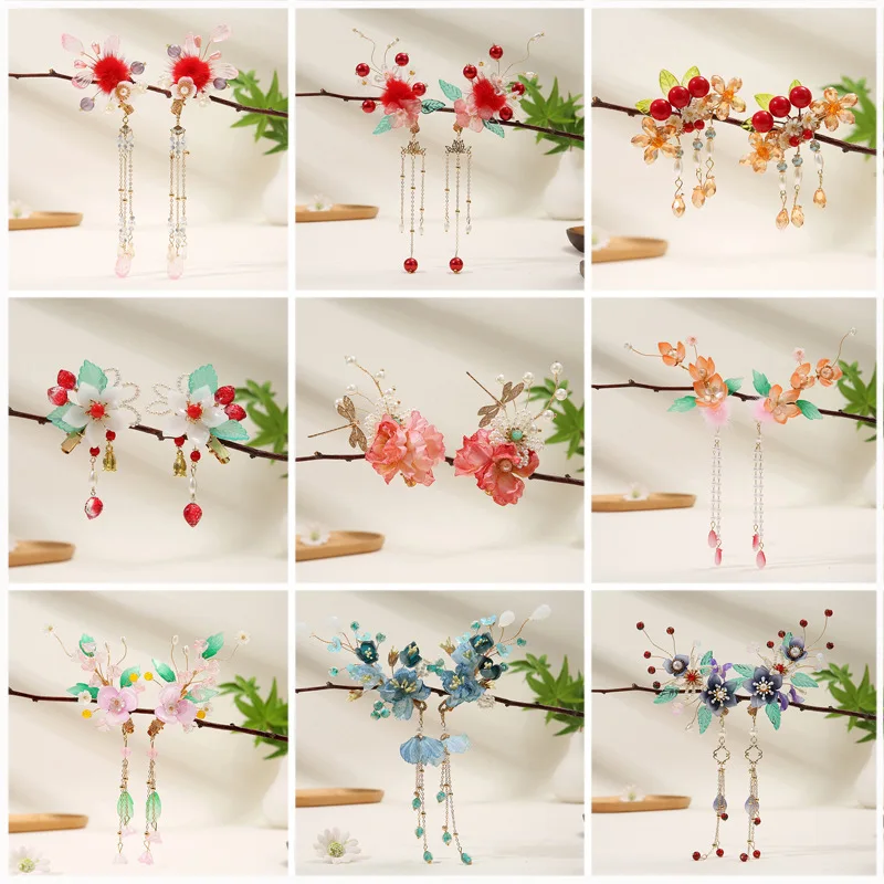 Tassel Hair Clip 2PCS Chinese Style Hairpin For Girl Hanfu Decor Pearl Fringe Tiaras Fairy Flower Barrettes Vintage Hair Jewelry