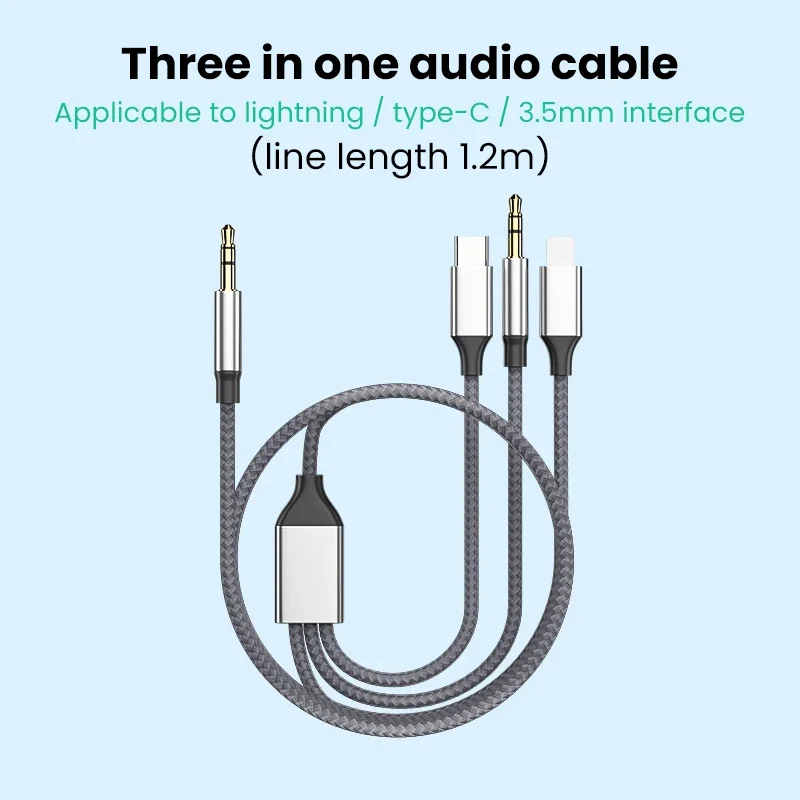 3.5mm/8Pin/Type C 3in1 3.5mm Jack Aux Cable For iPhone iPad Tablet Car Speaker Headphone Audio Adapter for Huawei Samsung Xiaomi