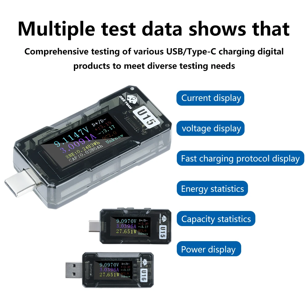 Penguji Pengisian Cepat USB Layar 0,96 Inci Presisi Tinggi Pemantauan Tegangan/Arus/Daya Waktu Nyata Penguji Pengisian Cepat PD/QC