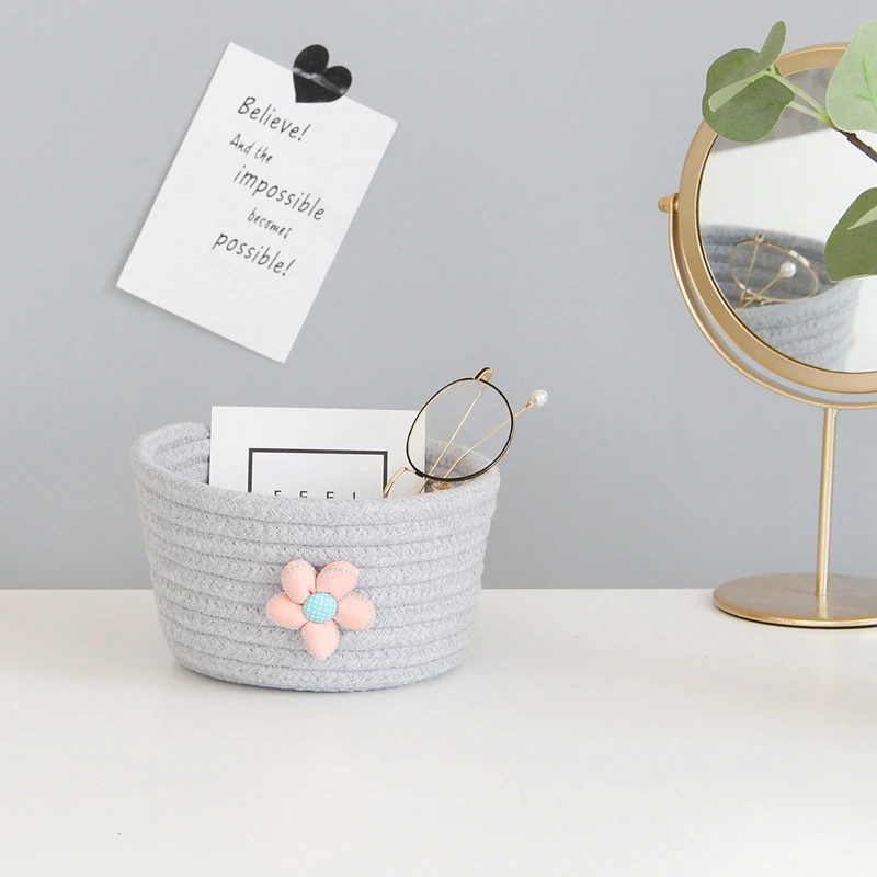 귀여운 꽃 코튼 로프 짠 보관 바구니, 데스크탑 메이크업 보관함, 어린이 장난감 보관 파편 세탁 바구니