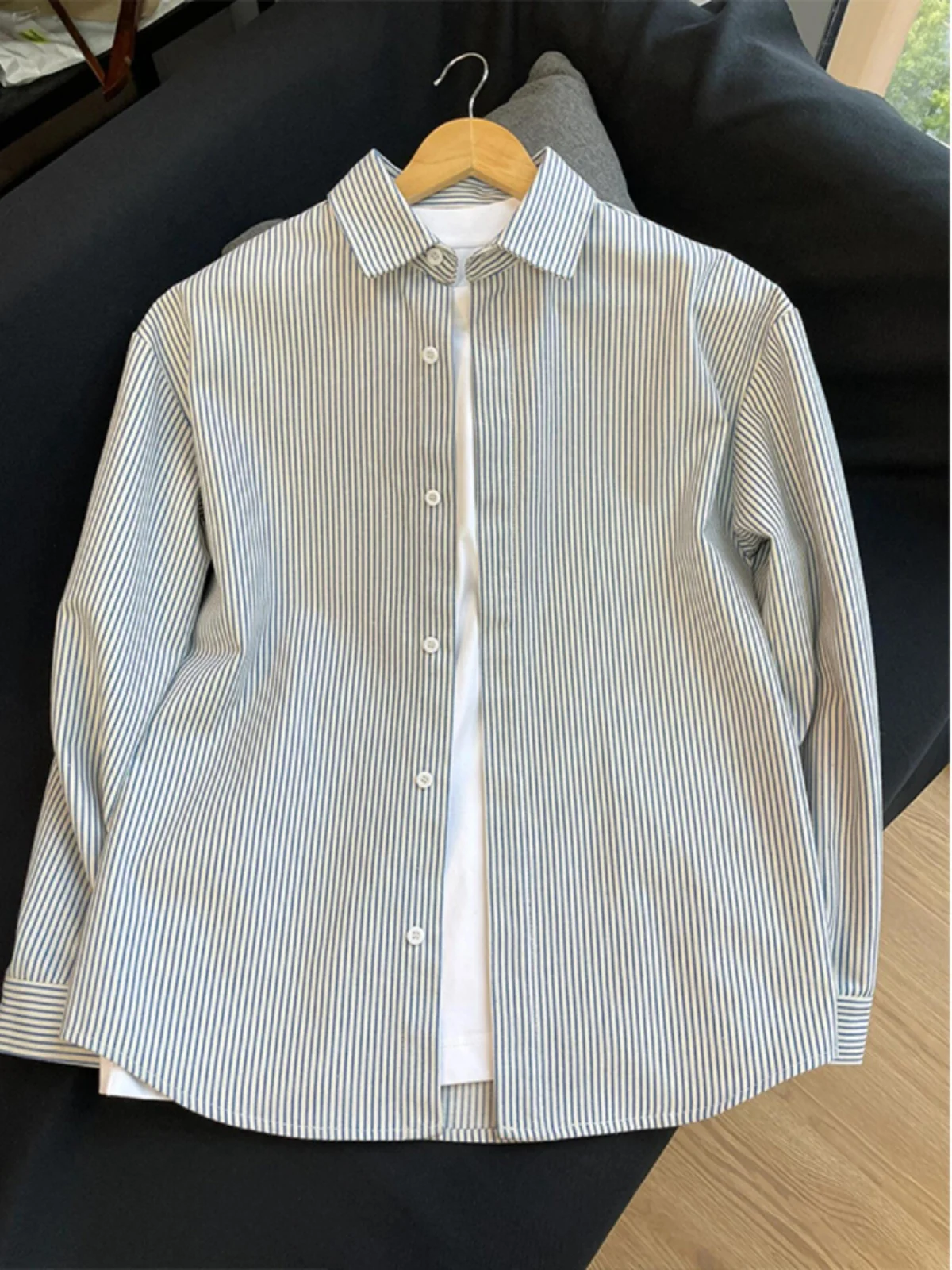 

Blue Striped Men's Shirt Thin Summer Long Sleeve Retro Japanese Style Cleanfit Trendy Outerwear Loose Fit Youthful Summer Fas...