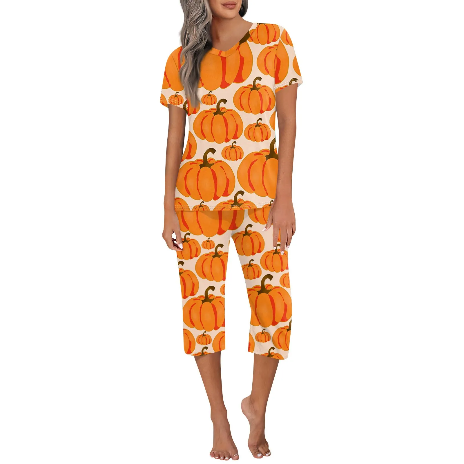 Women\'S New Pajama 2-Piece Set Casual V-Neck Short Sleeve Capris Nightwear Set Halloween Print Classic Comfy Pajama