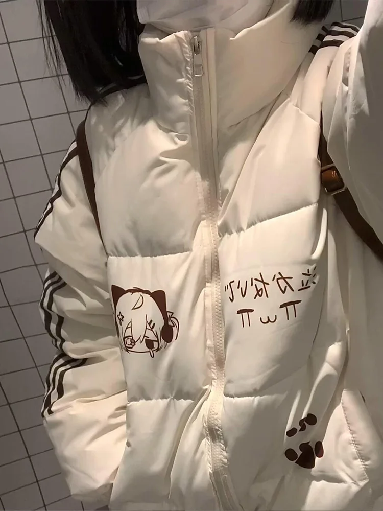 

Зимнее женское хлопковое пальто с принтом «Тет» в полоску с героями мультфильмов, теплое пальто, повседневное свободное пальто для поездок на работу, длинное пальто на молнии све