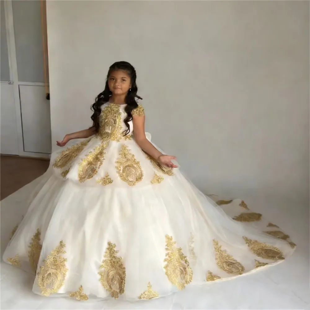 

Elegant Flower Girl Wedding Dress Fluffy Golden Appliques Tail For Children's Birthday First Communion Evening Dress Customized