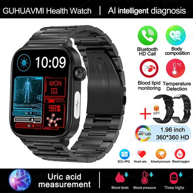 2025 Nieuwe AI Diagnose Bloedlipiden Urinezuur Lichaamssamenstelling Test Smart Horloge Voor Mannen ECG + PPG Bluetooth Oproep gezondheid Smartwatch