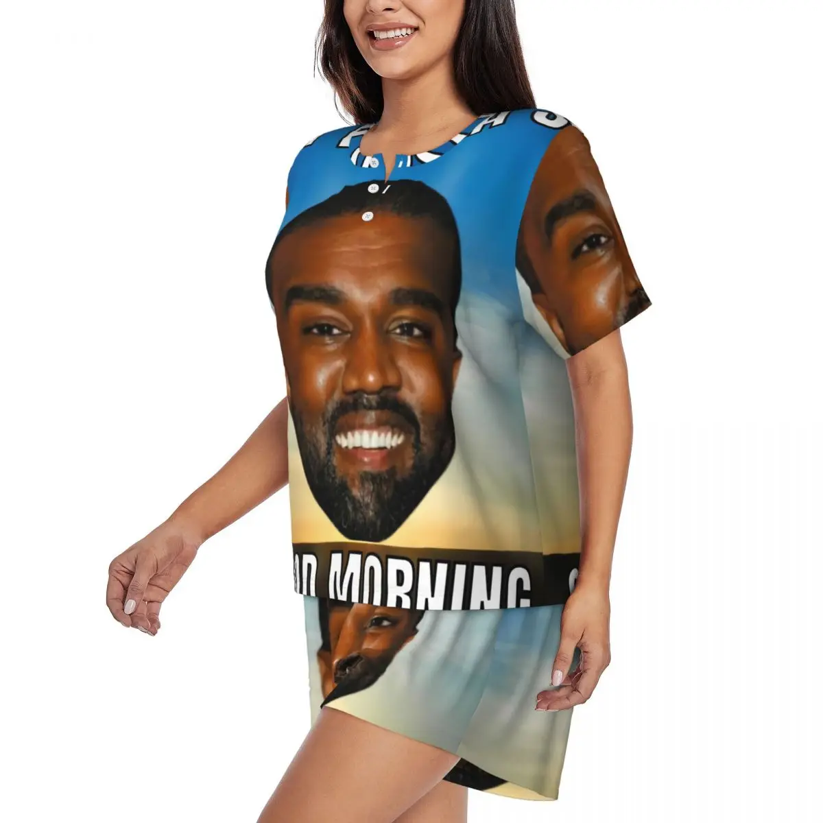 Custom Printed Women Funny Kanye West Meme Pajamas Set Rapper Music Producer 2 Piece Pjs Sets Short Sleeve Sleepwear Loungewear