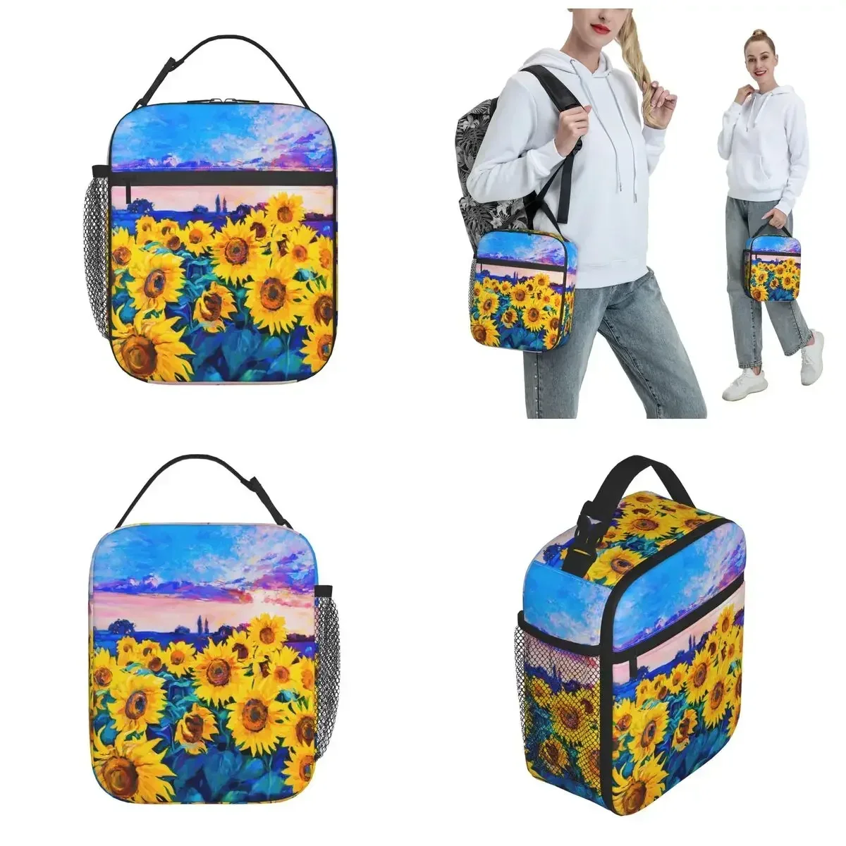 Bolsas de almuerzo con aislamiento térmico de girasoles, arte de impresión moderno, caja reutilizable para el almuerzo, enfriador térmico, pintura al óleo