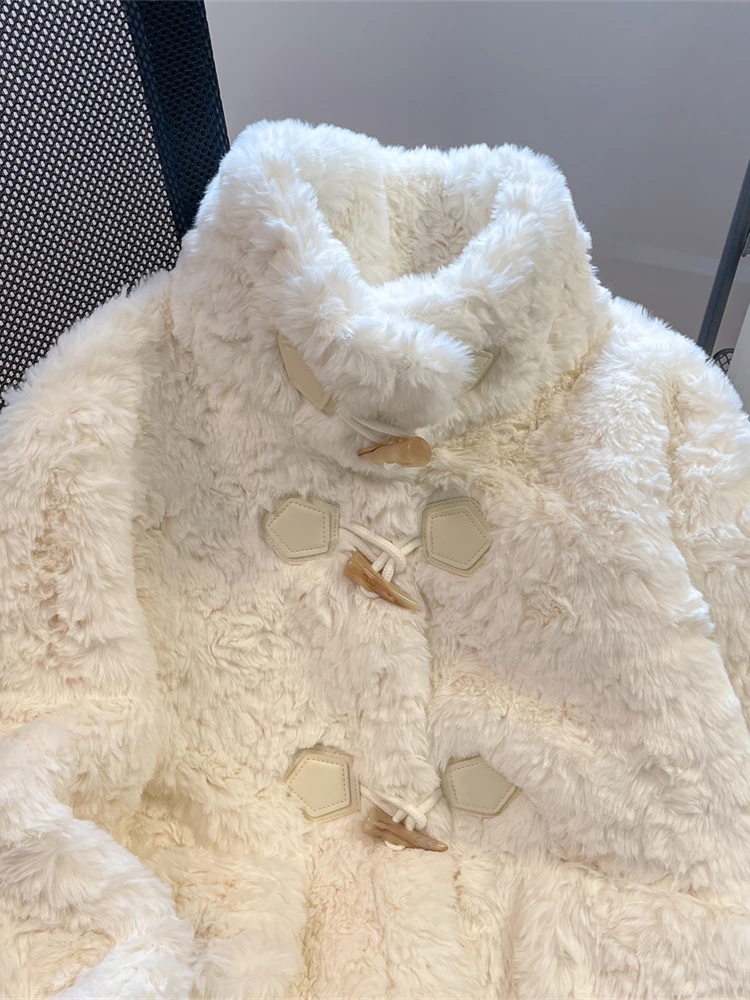 Women\'s White Faux Rabbit Fur Coat Thick Warm Fashion Retro Loose Long Sleeve Turtleneck Overcoat Female Plush Teddy Coats 2024